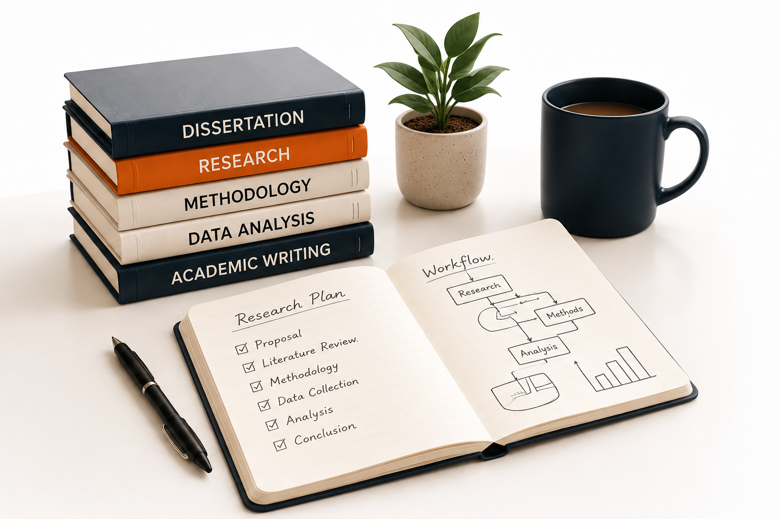 Stack of dissertation, research, methodology, data analysis, and academic writing books next to an open research plan notebook, plant, and BGS mug